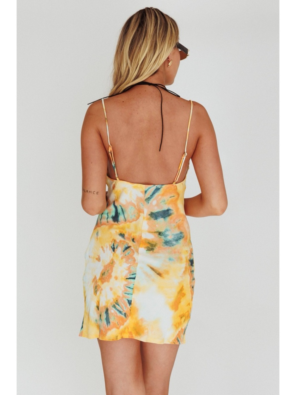 . Selfie Leslie Yellow/Orange Multicolor Tie Dye Thin Cowl Neck Mini Dress - Picture 7 of 15